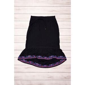 Women’s Boho Black Midi Skirt Embroidered Bottom Size Medium